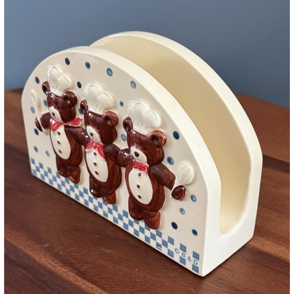 Vintage Teddy Bear Chef Napkin Holder Ceramic Blue Check Polka Dot Hand painted - Picture 2 of 4